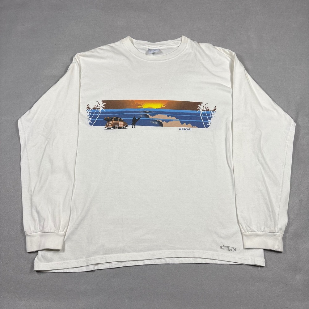 Crazy Shirts Hawaii Long Sleeve Graphic T-Shirt White Mens Medium Sunset Surf